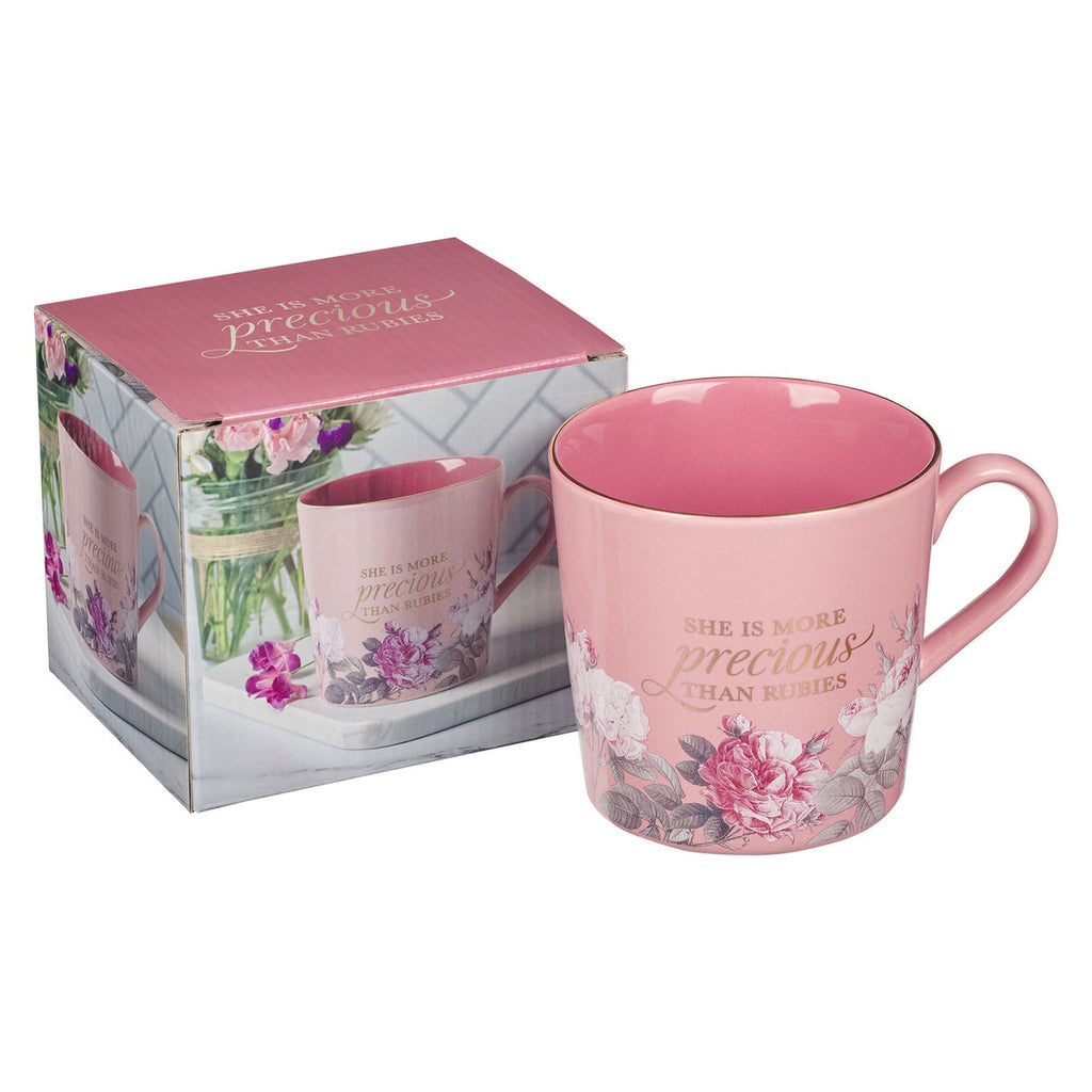 More Precious than Rubies Pink Floral Ceramic Coffee Mug - Proverbs 31:10