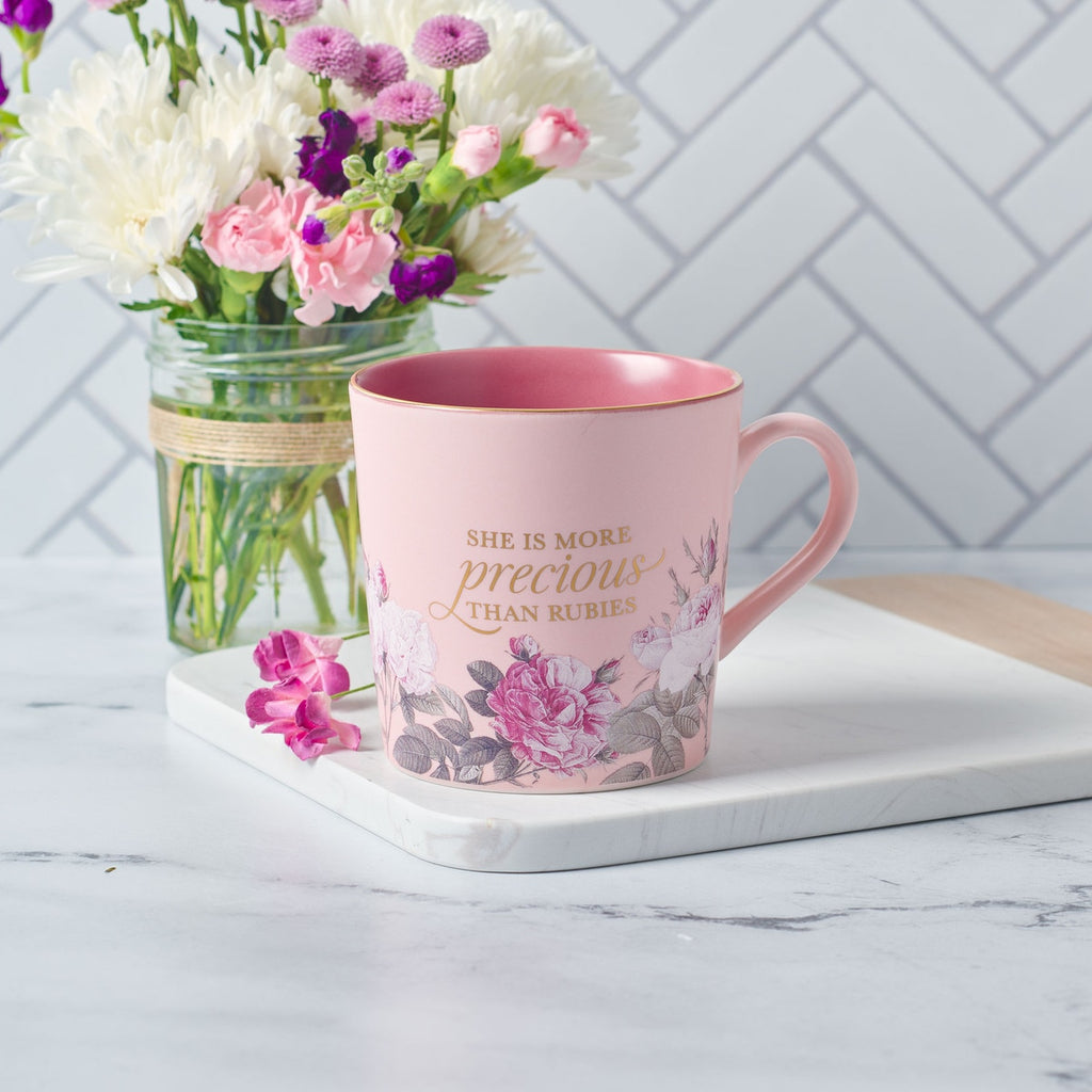 More Precious than Rubies Pink Floral Ceramic Coffee Mug - Proverbs 31:10