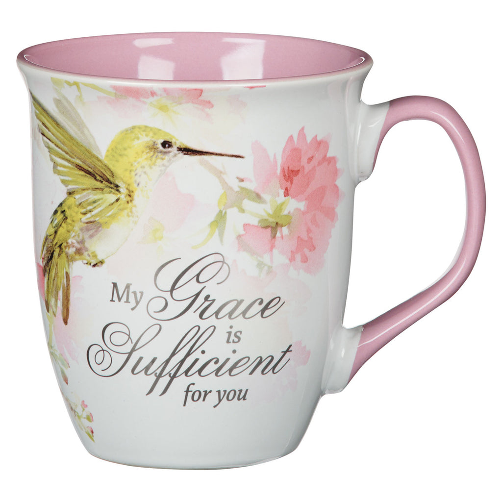 My Grace is Sufficient Hummingbird Pink Ceramic Coffee Mug - 2 Corinthians 12:9