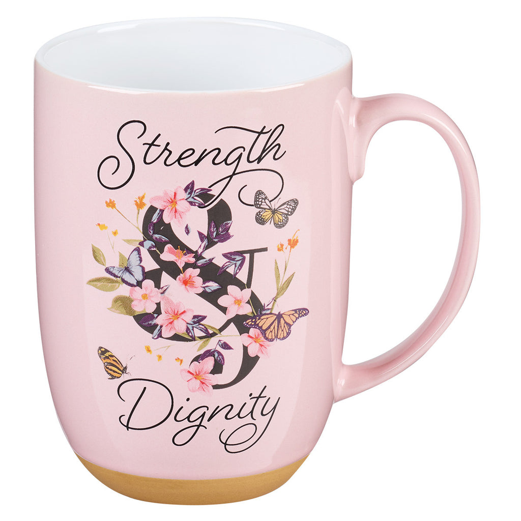 Strength and Dignity Pink Butterfly Garden Ceramic Coffee Mug with Exposed Clay Base - Proverbs 31:25