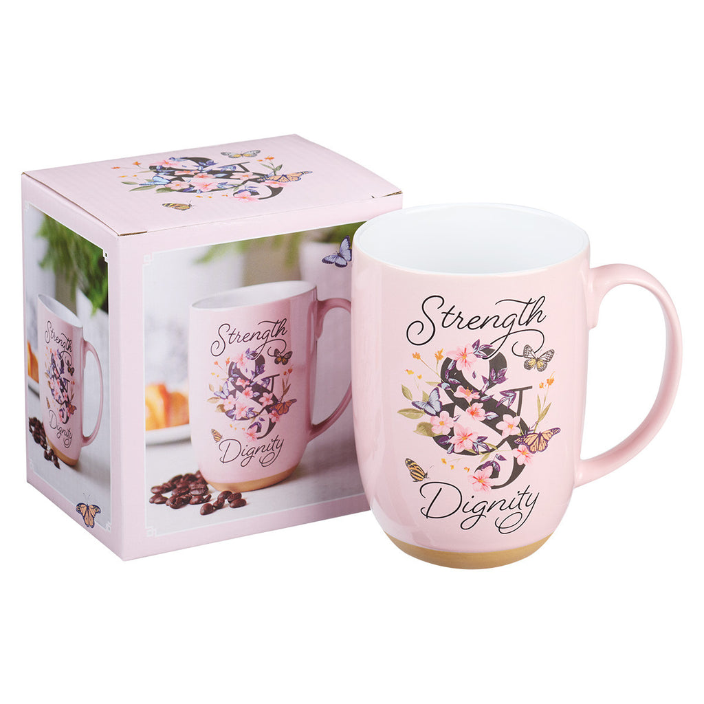 Strength and Dignity Pink Butterfly Garden Ceramic Coffee Mug with Exposed Clay Base - Proverbs 31:25