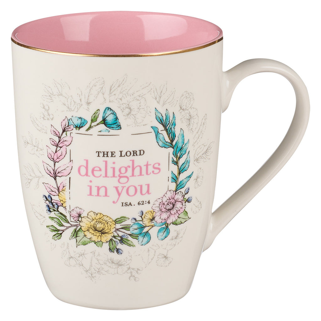 The Lord Delights in You Pink Floral Ceramic Coffee Mug - Isaiah 62:4