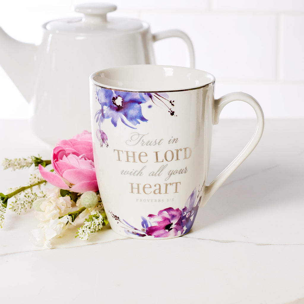 Trust in the Lord Purple Floral Ceramic Coffee Mug - Proverbs 3:5