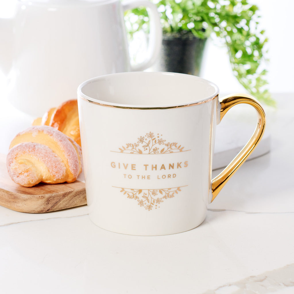 Give Thanks to the LORD White and Gold Ceramic Coffee Mug - Psalm 106:1