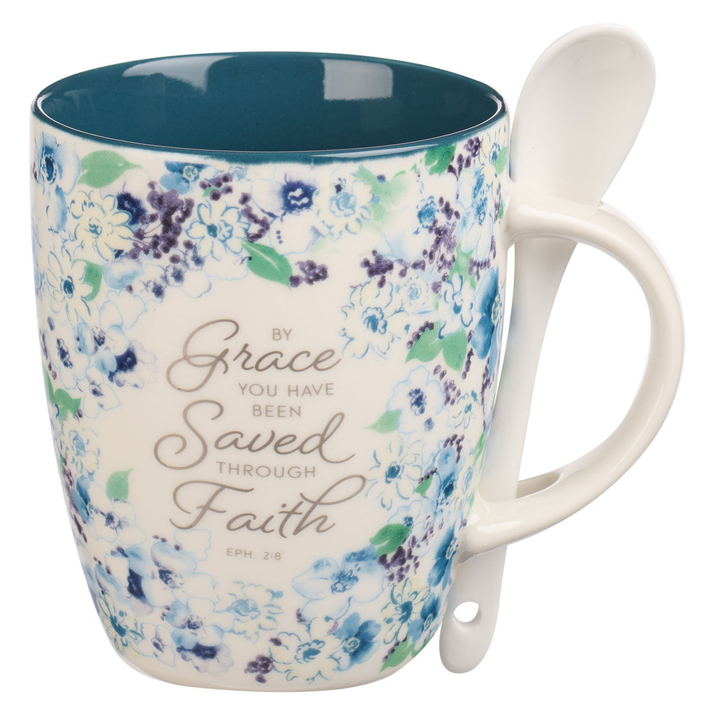 Saved by Grace Blue Floral Ceramic Coffee Mug with Spoon - Ephesians 2:8