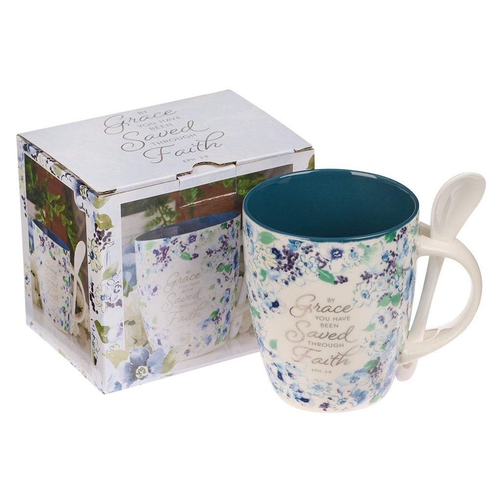 Saved by Grace Blue Floral Ceramic Coffee Mug with Spoon - Ephesians 2:8