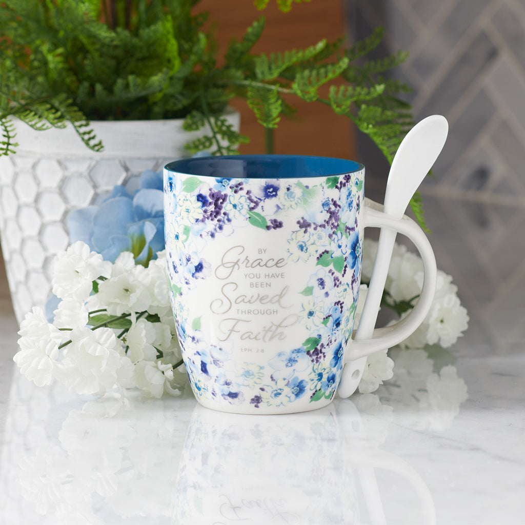 Saved by Grace Blue Floral Ceramic Coffee Mug with Spoon - Ephesians 2:8