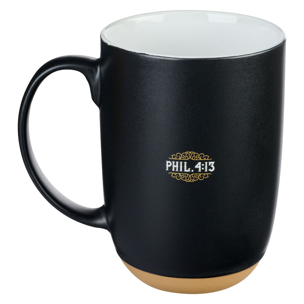 Through Christ Black Ceramic Coffee Mug with Exposed Clay Base - Philippians 4:13