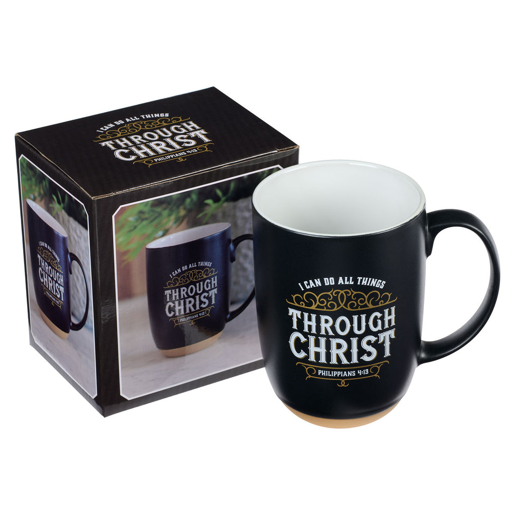 Through Christ Black Ceramic Coffee Mug with Exposed Clay Base - Philippians 4:13