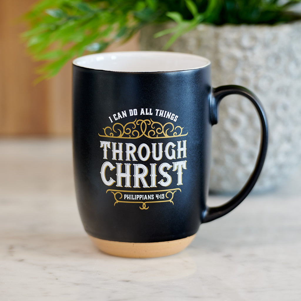 Through Christ Black Ceramic Coffee Mug with Exposed Clay Base - Philippians 4:13