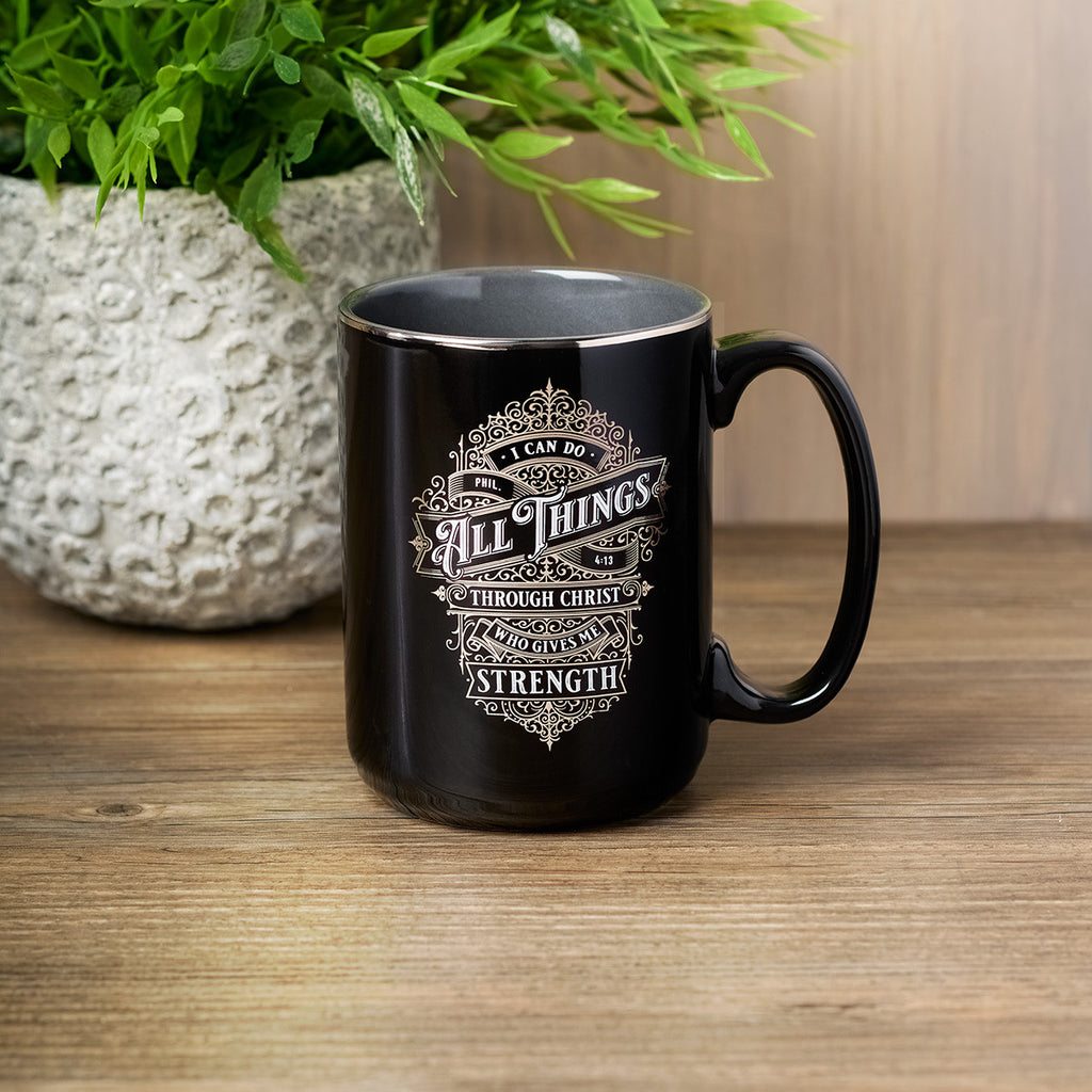 All Things Black and Silver Ceramic Coffee Mug - Philippians 4:13