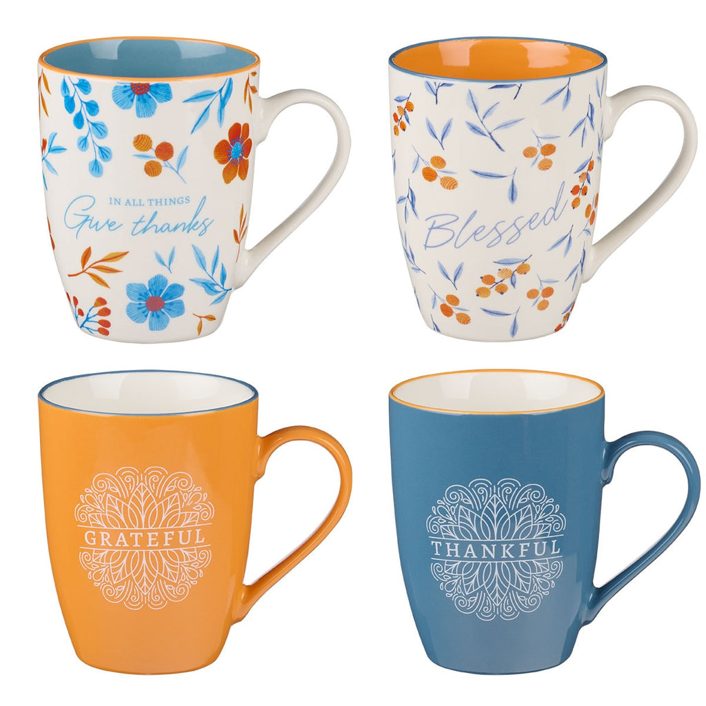 Give Thanks Blue and Orange Ceramic Mug Set - 1 Thessalonians 5:18