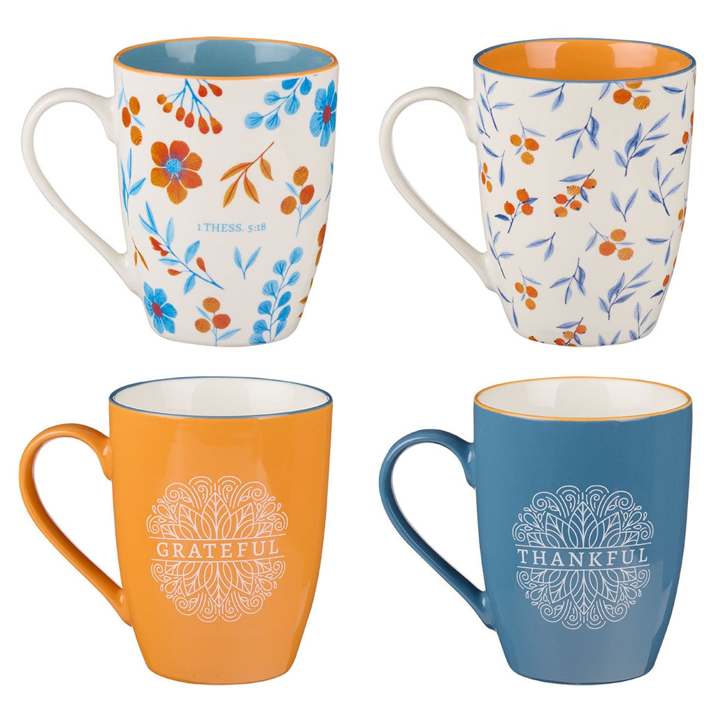 Give Thanks Blue and Orange Ceramic Mug Set - 1 Thessalonians 5:18