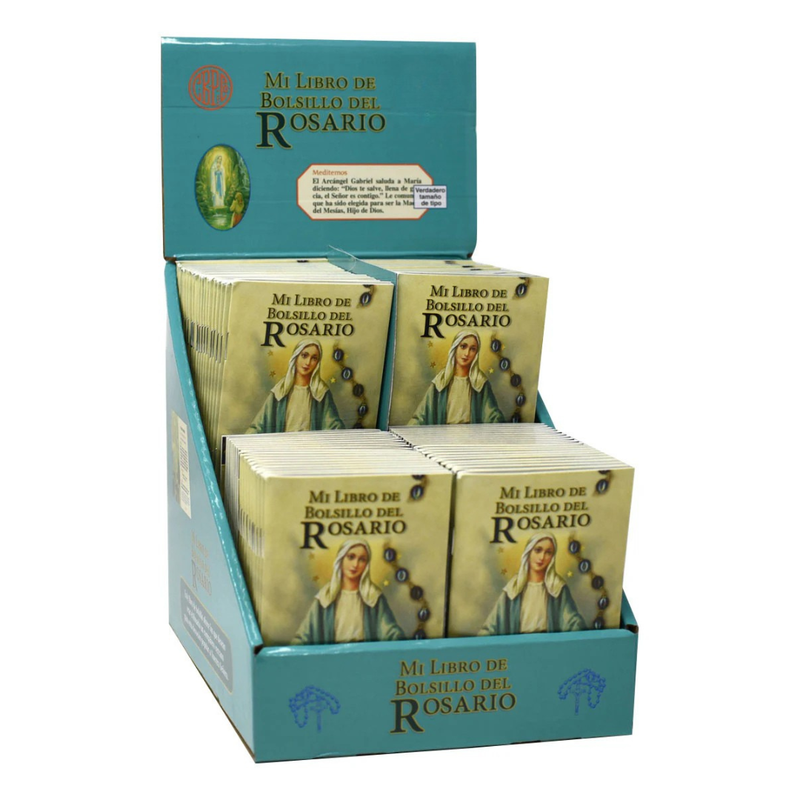 Display of 'Mi Libro de Bolsillo del Rosario' books in a teal box.