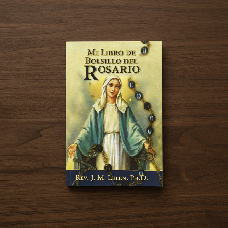 Book titled 'Mi Libro de Bolsillo del Rosario' on a wooden surface