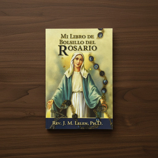 Book titled 'Mi Libro de Bolsillo del Rosario' on a wooden surface