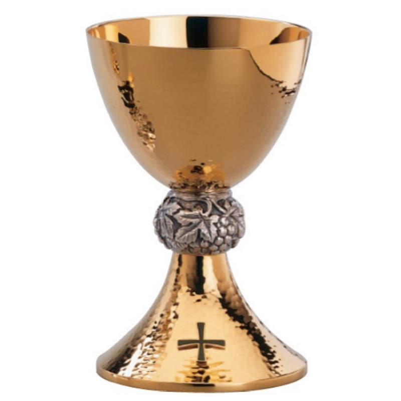 Molina 2590 Hammered Chalice & Bowl Paten, Green Cross, product photograph 1