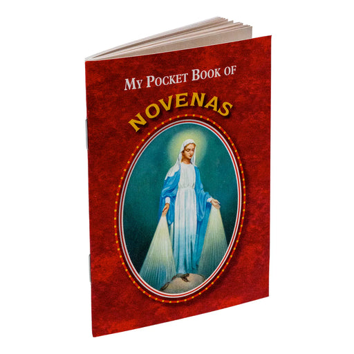 Book titled 'My Pocket Book of Novenas' with a religious illustration on the cover