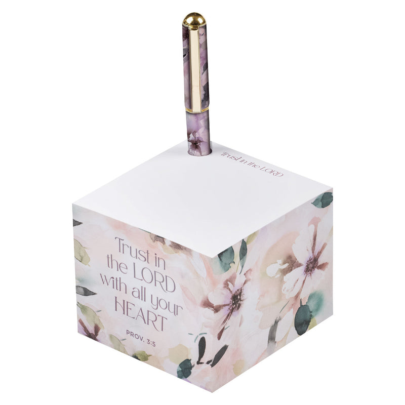 Trust in the Lord Purple Blooms Note Block with a Pen - Proverbs 3:5