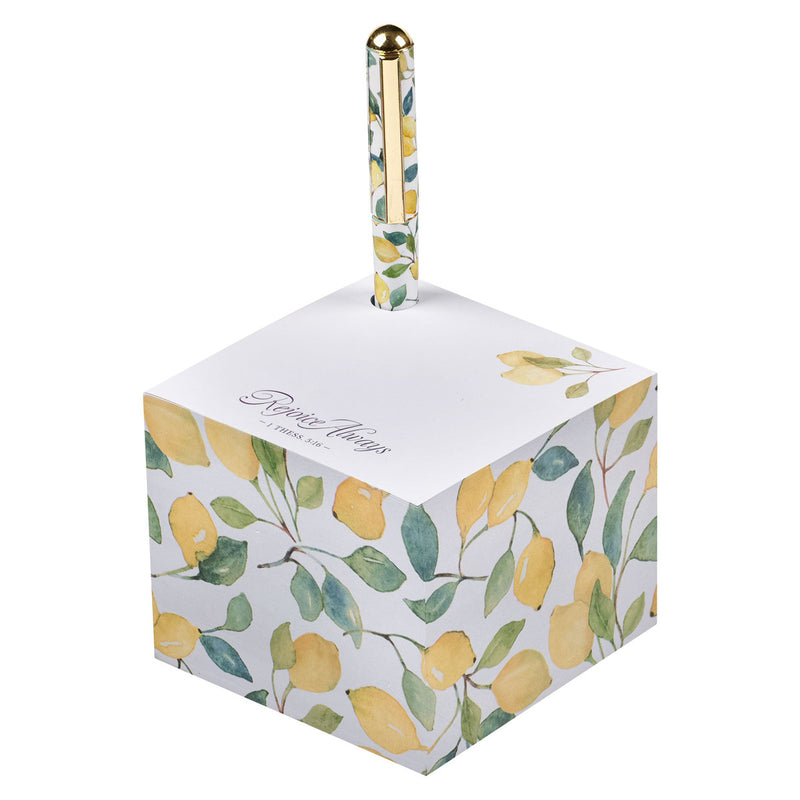 Rejoice Always Yellow Lemon Note Block with a Pen - 1 Thessalonians 5:16
