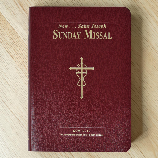 A New Saint Joseph Sunday Missal book with a textured burgundy cover and gold lettering, placed flat on a light wood surface.