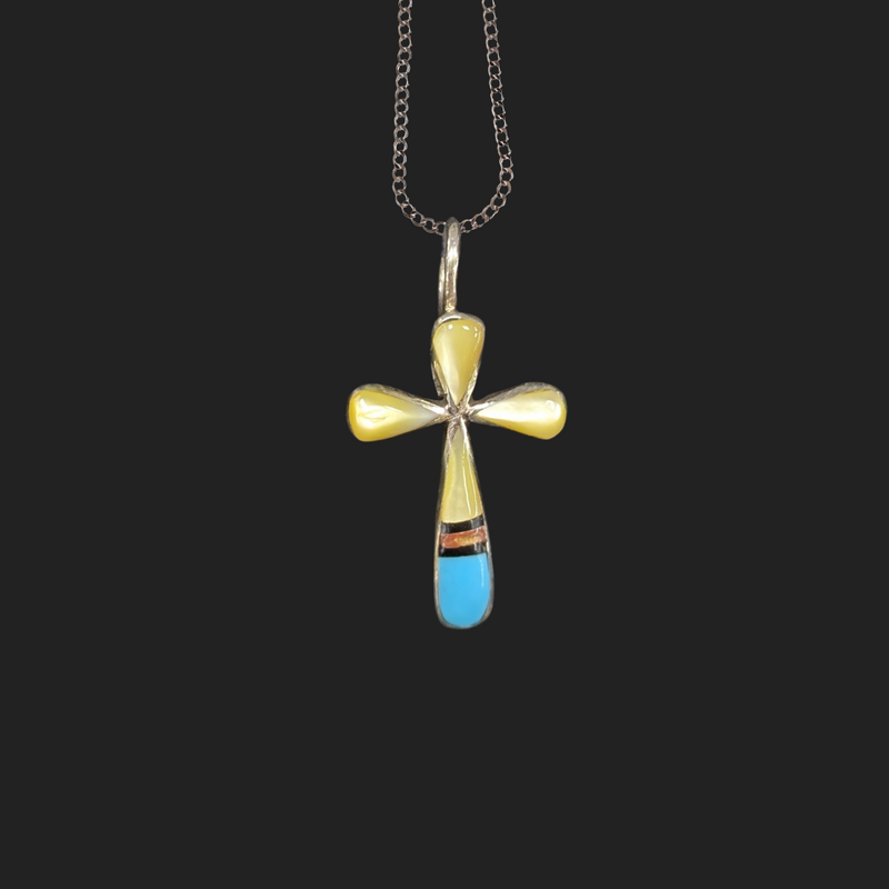 Handmade Turquoise Inlaid Cross Necklace .75"H