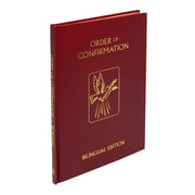 Red book titled 'Order of Confirmation' with a gold emblem on a white background