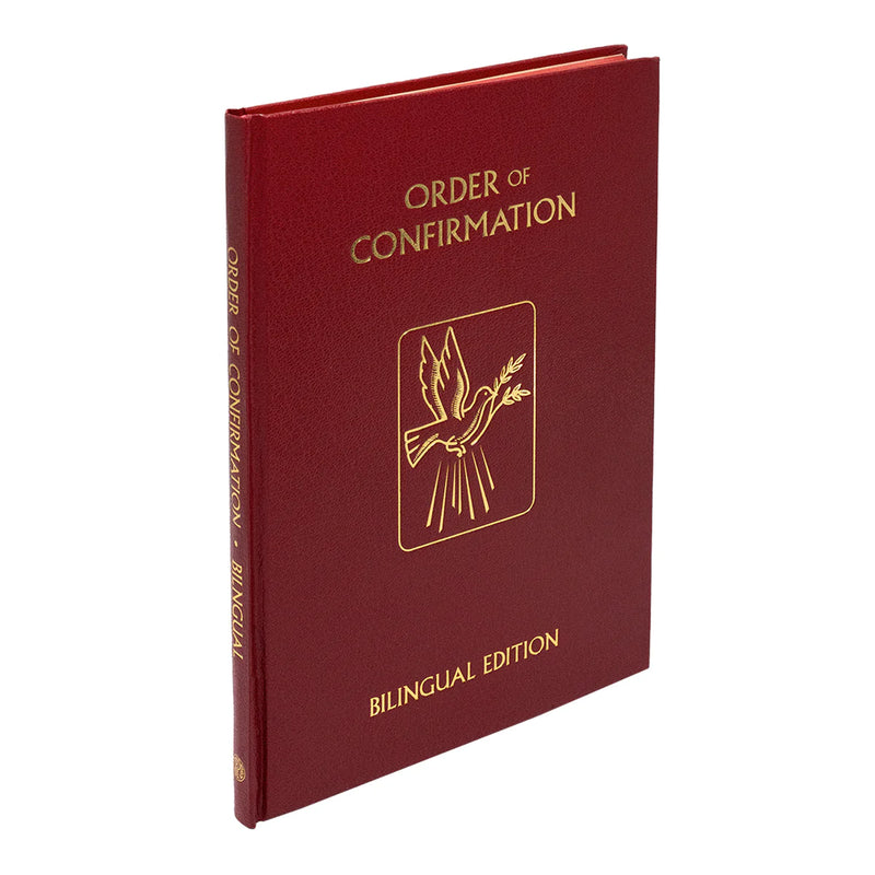 Red book titled 'Order of Confirmation' with a gold emblem on a white background