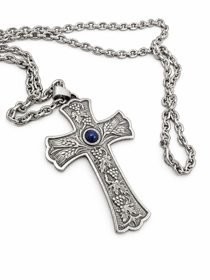Oxidized Silver Pectoral Cross, Grape Leaf & Wheat Design, Blue Stone, 36" Chain | Koley's Inc.