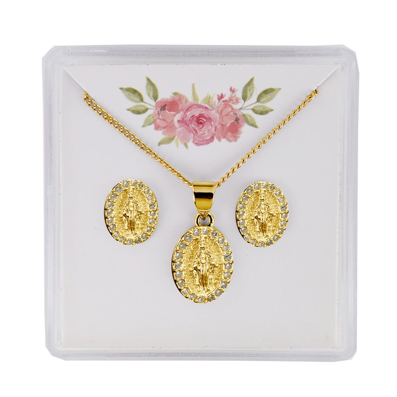 Jewelry Set - Gold Tone Crystal Miraculous Medal Necklace and Earrings