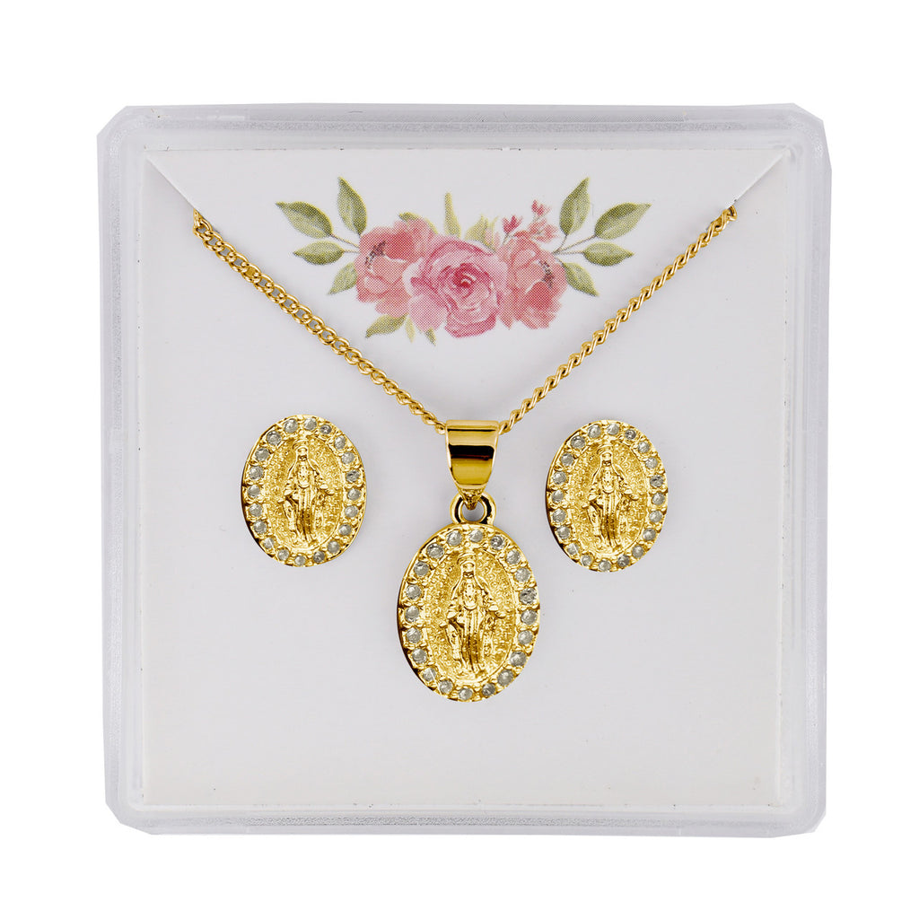 Jewelry Set - Gold Tone Crystal Miraculous Medal Necklace and Earrings