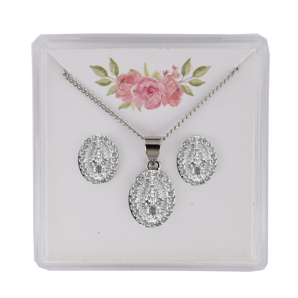 Jewelry Set - Silver Tone Crystal Miraculous Medal Necklace and Earrings