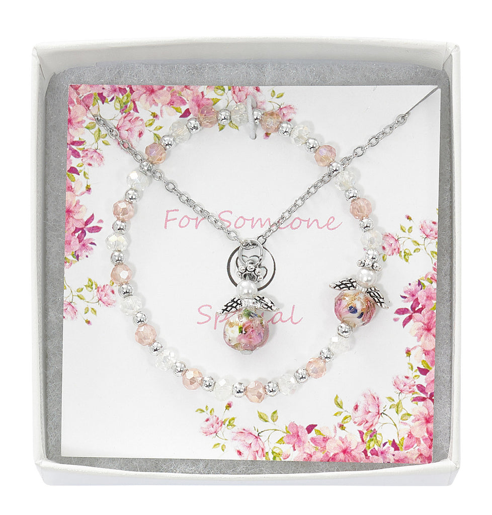 Bracelet and Necklace - Pink and Crystal Stretch Bracelet and Pendant Set