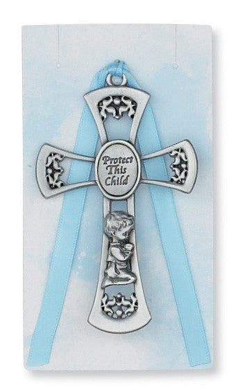 Cross - 3 3/4" Silver Cross with Blue Ribbon