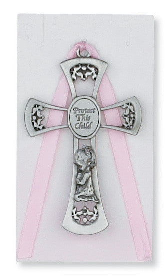 Cross - 3 3/4" Silver Cross with Pink Ribbon