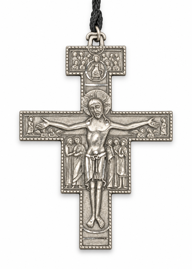 XL Pewter San Damiano Pectoral Cross Necklace – 36″ Black Cord
