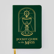 Dark green book titled 'Pocket Guide to the Mass' on a gray background
