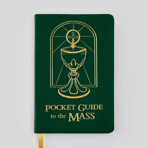 Dark green book titled 'Pocket Guide to the Mass' on a gray background