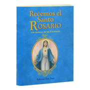 Blue book titled 'Recemos el Santo Rosario' with a depiction of a religious figure on the cover.
