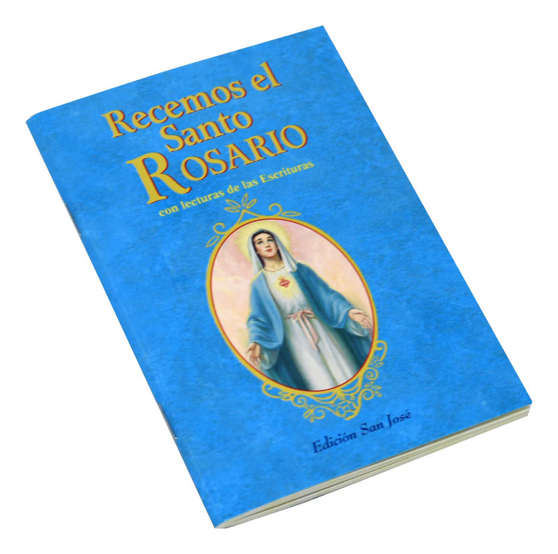 Blue book titled 'Recemos el Santo Rosario' with a portrait of a religious figure on the cover.