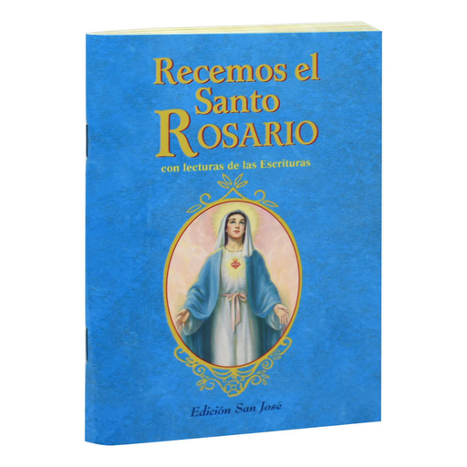 Blue book titled 'Recemos el Santo Rosario' with a depiction of a religious figure on the cover.