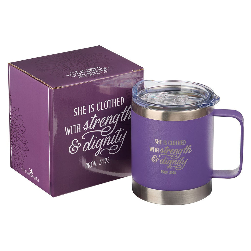 Strength & Dignity Purple Camp-style Stainless Steel Mug - Proverbs 31:25