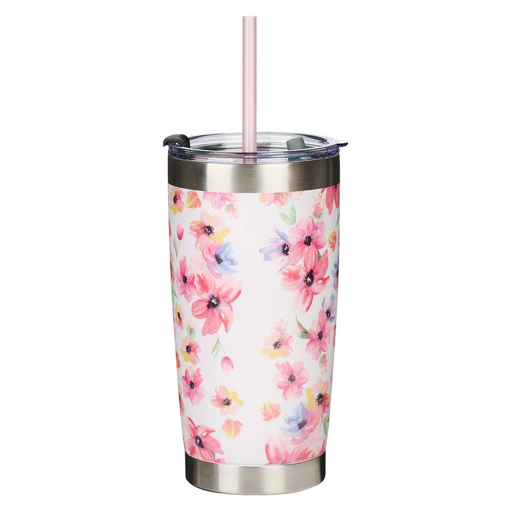 Kindness Matters Pink Cosmos Stainless Steel Travel Mug with Reusable Straw