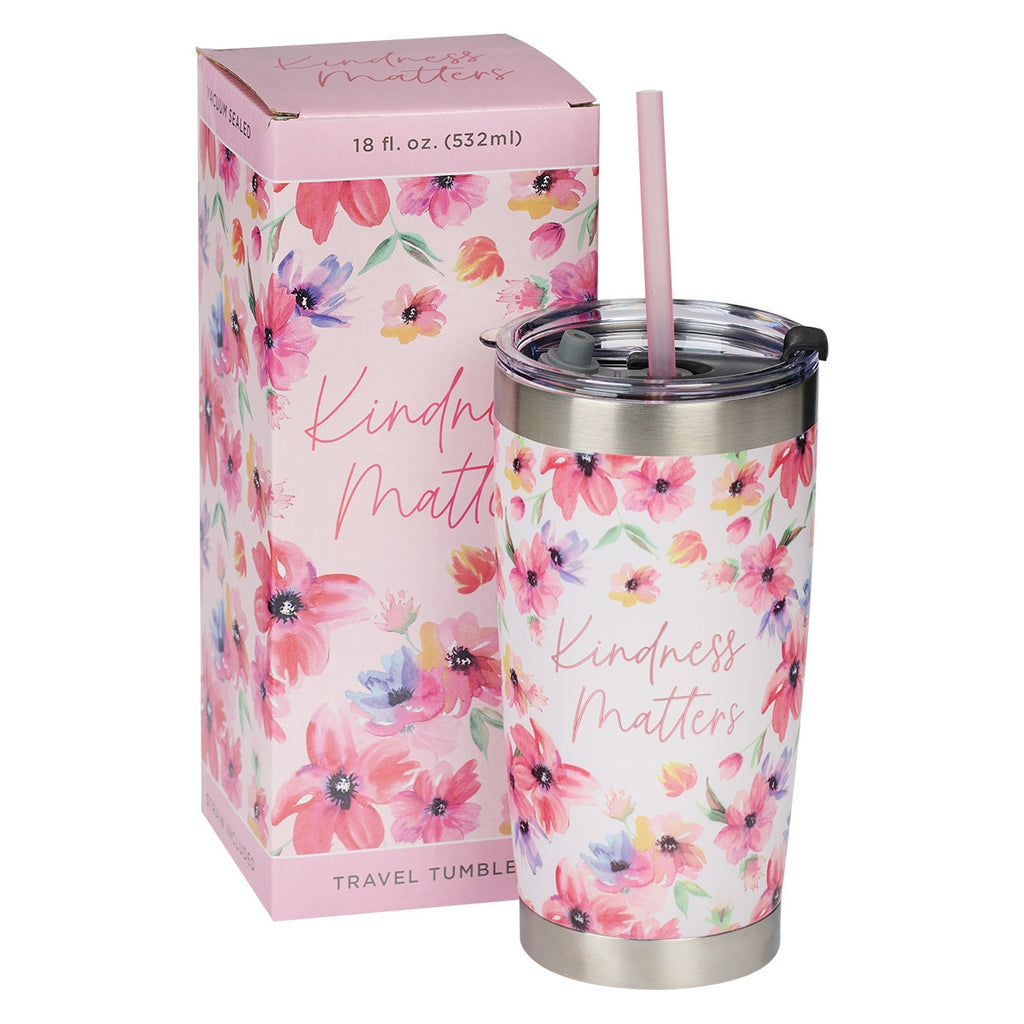 Kindness Matters Pink Cosmos Stainless Steel Travel Mug with Reusable Straw