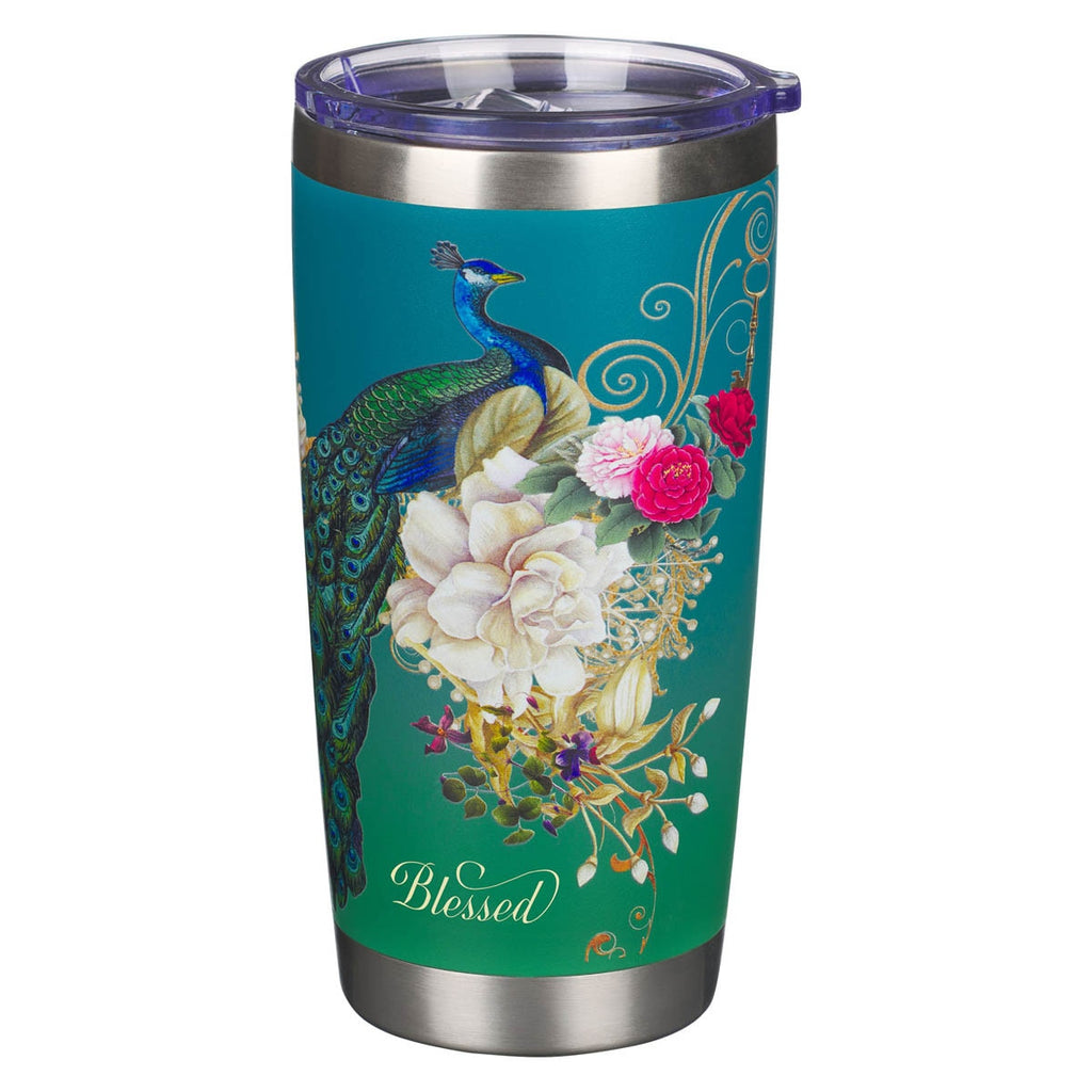 Blessed Blue Peacock Stainless Steel Travel Tumbler - Jeremiah 17:7