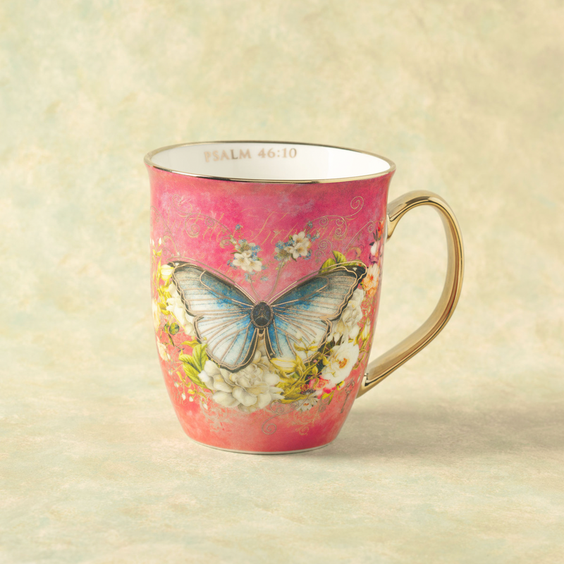 Be Still Pink Butterfly Ceramic Coffee Mug - Psalm 46:10
