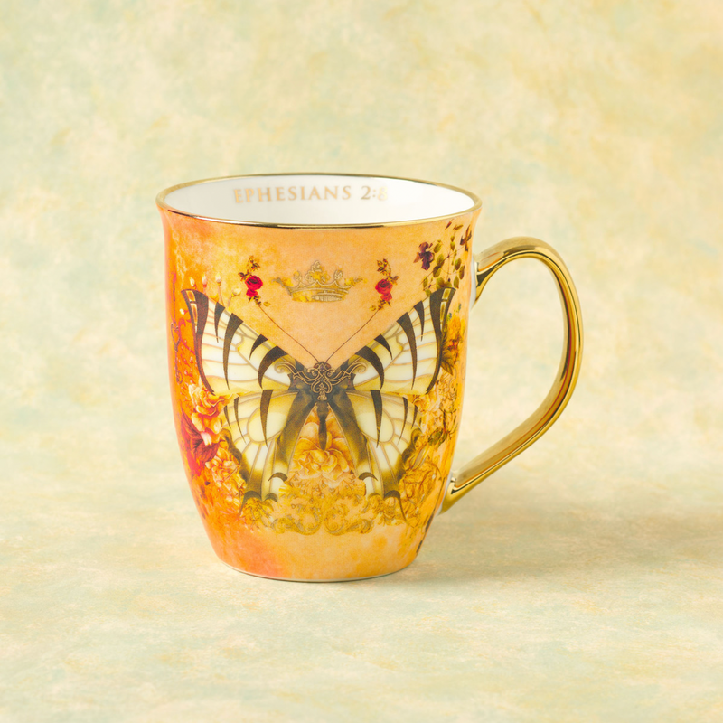 Grace Orange Butterfly Ceramic Coffee Mug - Ephesians 2:8