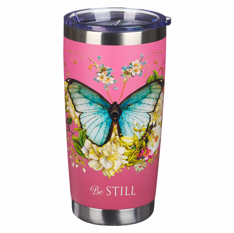 Pink Be Still Butterfly Stainless Steel Travel Tumbler - Psalm 46:10