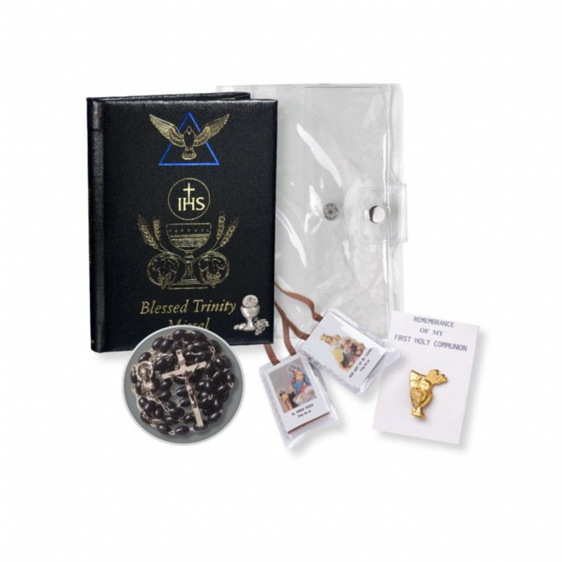 First Communion Gift Set for Girls, 5-Piece White Blessed Trinity Missal Set