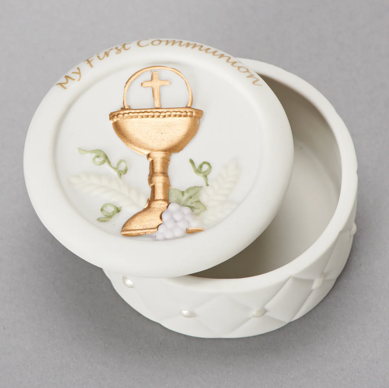 Quilted First Communion Porcelain Rosary Holder